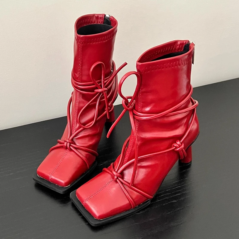 

Fashion Square Toe Belt Buckle Ankle Boots for Women Punk Style Cross Tied Back Zip Designer Boots Comfortable Botas Para Mujer