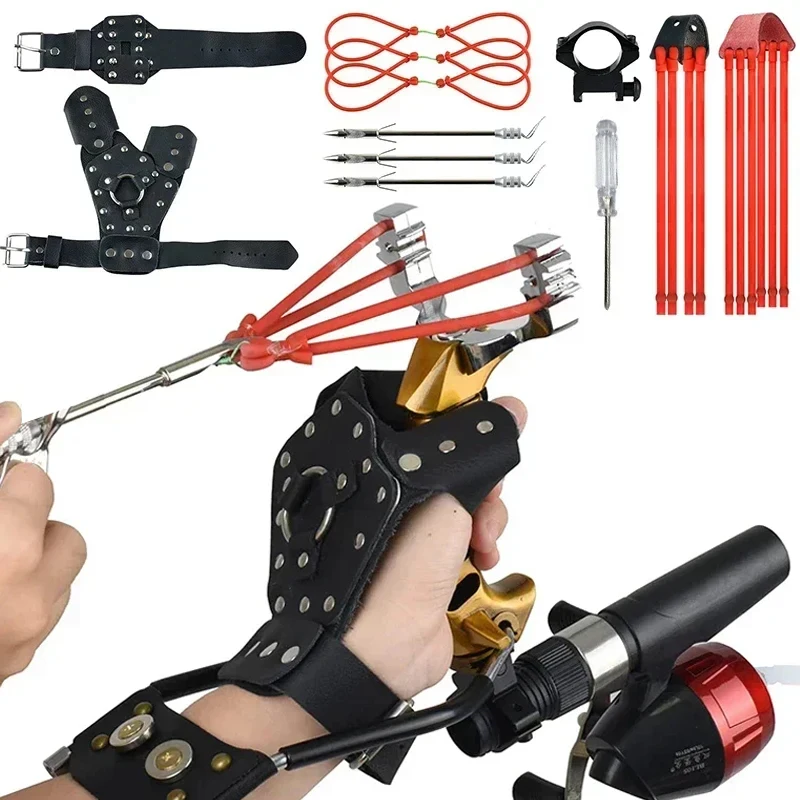 Full Metal Fishing Wrist Support Slingshot Fish Dart Shooting Slingshot Outdoor Hunting and Fishing Accessories Package Pesca