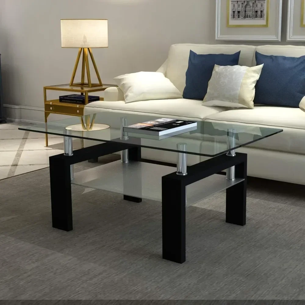 Coffee Table with Metal Tube Legs, Glass and Rectangle End Table for Livingroom (Black)