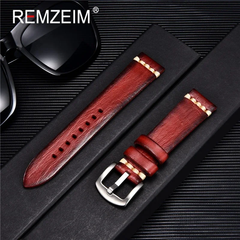 REMZEIM Handmade Vintage Genuine Leather Watchband Strap 18mm 20mm 22mm 24mm Watch Band Wrist Bracelets with Solid Buckle