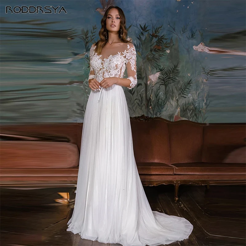 RODDRSYA Vintage Wedding Dress For Women Chiffon Scoop Bridal Gown 3/4 Sleeves Zipper Back A-Line Vestido De Novia Plus Size