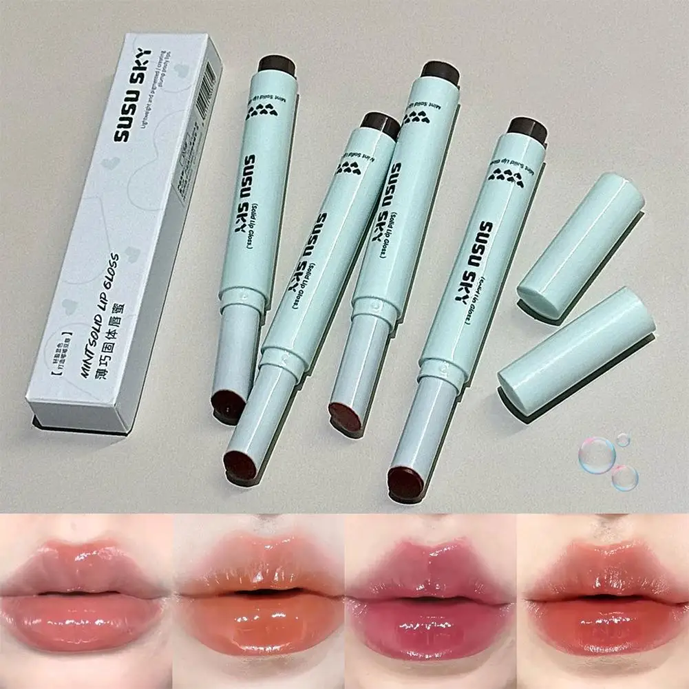 Brillo de labios sólido en barra, 4 colores, brillo de vidrio no pegajoso, bálsamo labial, agua hidratante, lápiz labial ligero, tinte, maquillaje de aspecto Natural