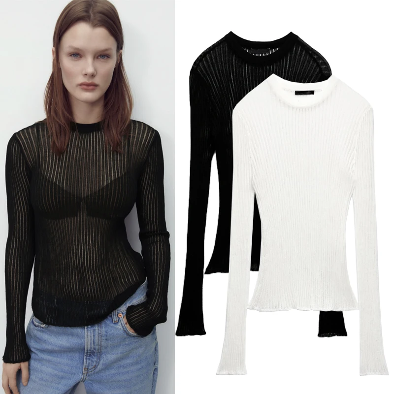 

Spring Summer New White Semi-Transparent Long Sve T-irt Knitted round Ne Straight Cut Slim Striped Top Commute Sle