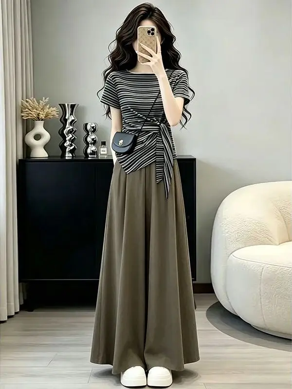 Conjunto de verano de talla grande estilo coreano para mujer, conjunto de dos piezas con falda de pierna ancha informal adelg...