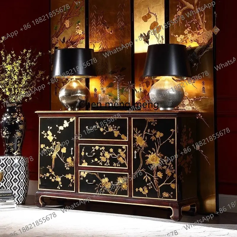 French retro solid wood dining side cabinet villa living room Chinese black gold painted three pumping foyer entrance locker