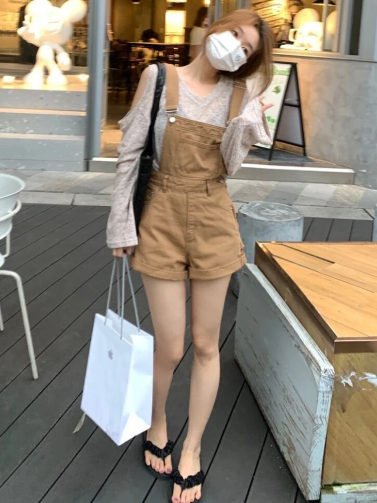 Khaki Playsuits Women Denim Summer Simple All-match Korean Style Vintage Ins Casual College Chic Wide Leg Loose Rompers Ulzzang