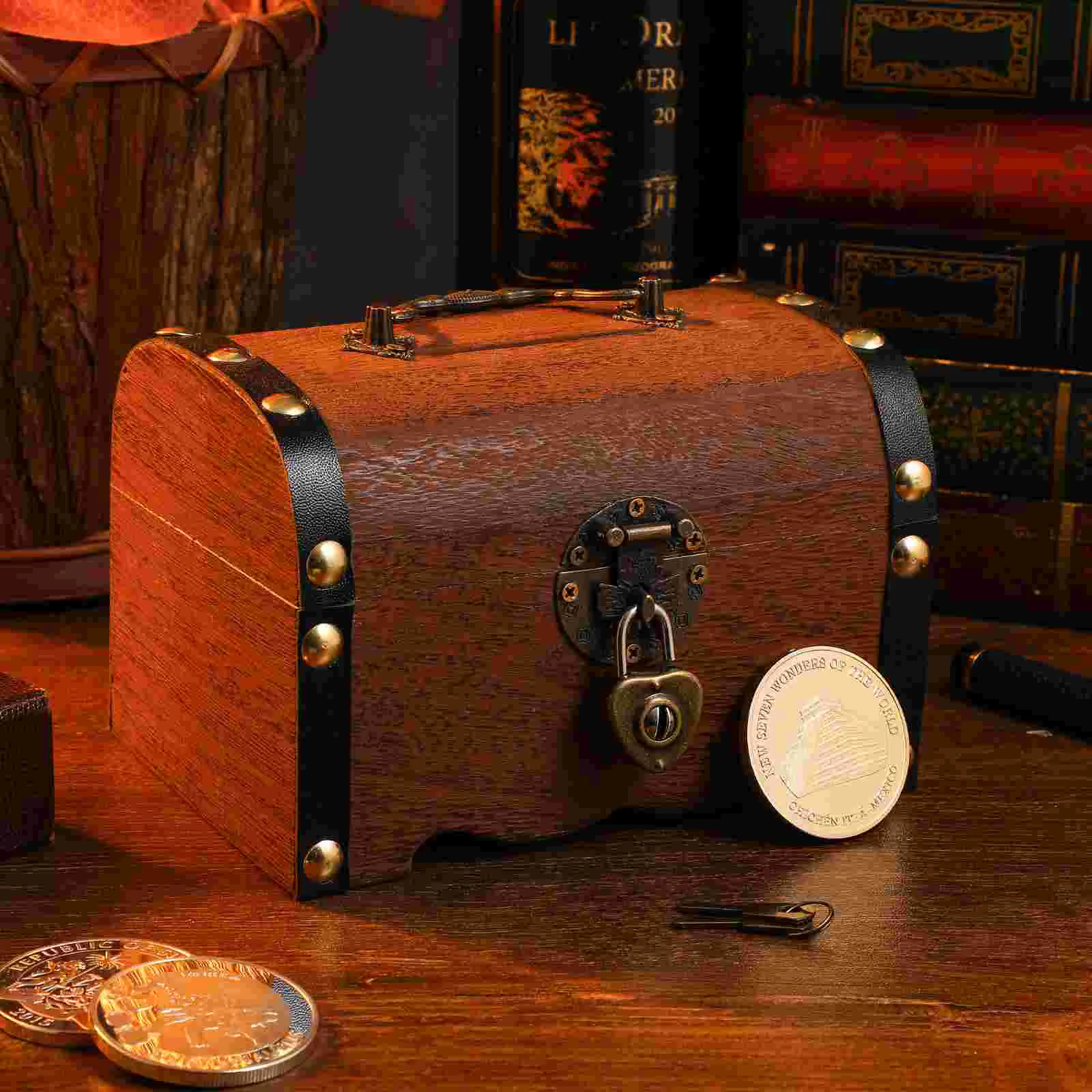 Wooden Piggy Bank Vintage Treasure Chest Storage Box Lock Keys Decorative Small Money Saving Box Retro Boys Jewelry Boxs Party