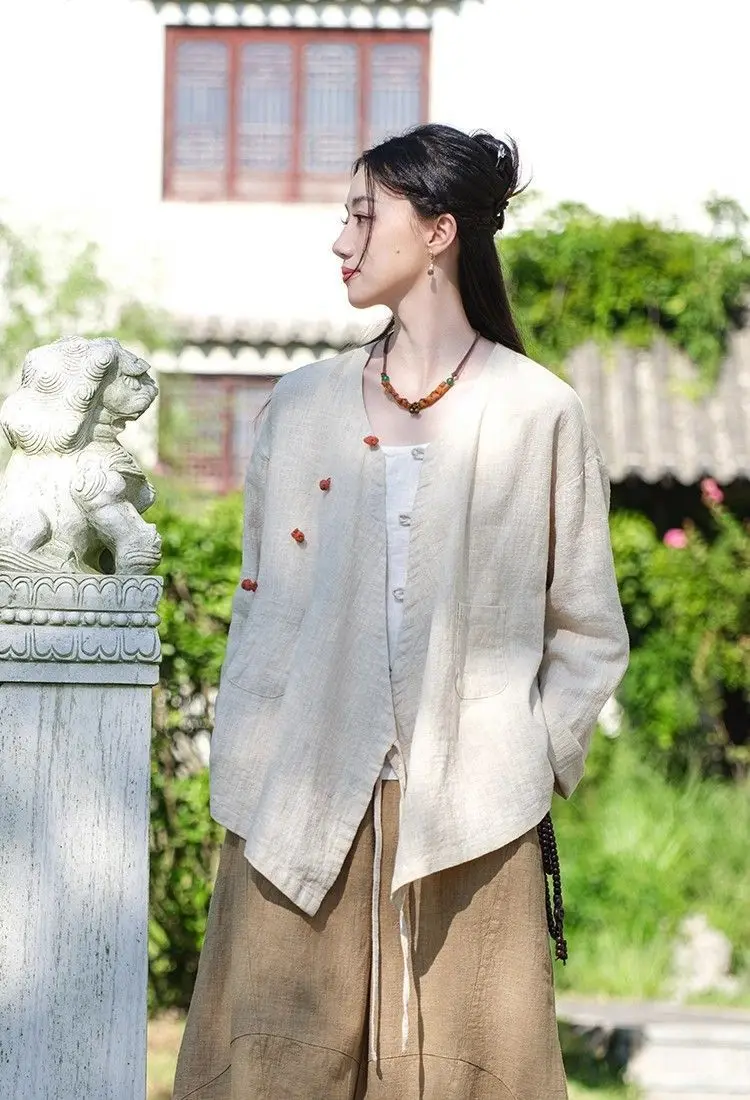 Neue chinesische Damenbekleidung: Locker geschnittenes Retro-Hemd mit schrägem Kragen, literarischer Retro-Cardigan aus Baumwolle und Leinen, Zen-Tea-Jacke – Detail 7