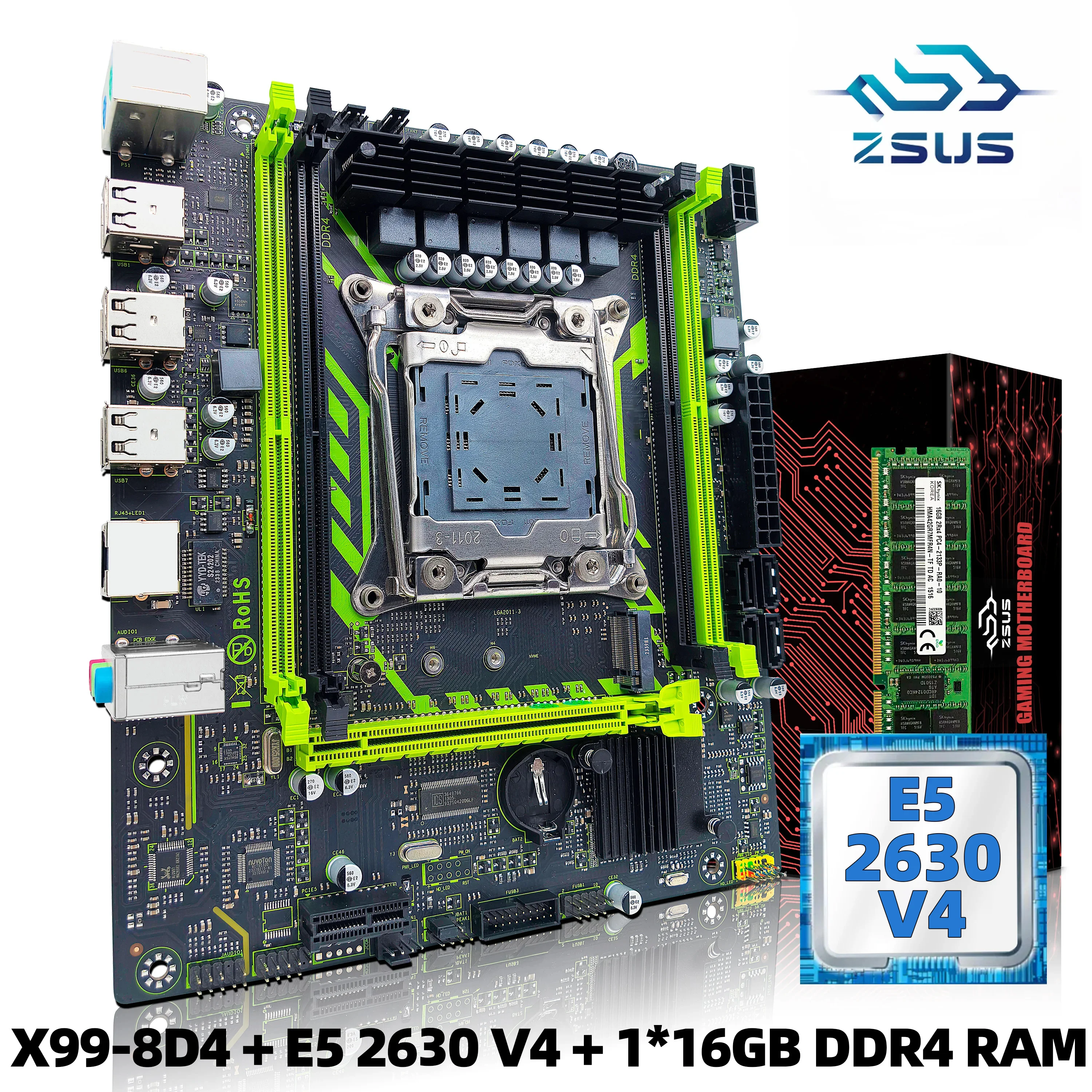 X99-8D4 ZSUS 마더보드 세트 키트, 인텔 LGA2011-3 제온 E5 2630 V4 CPU DDR4 16GB (1*16GB) 2133MHZ RAM 메모리 NVME M.2 SATA 포함