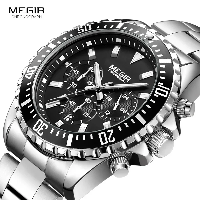 Relógio de quartzo cronógrafo analógico masculino Megir com pulseira de aço inoxidável relógio de pulso luminoso para meninos calendário 24 horas 2064G