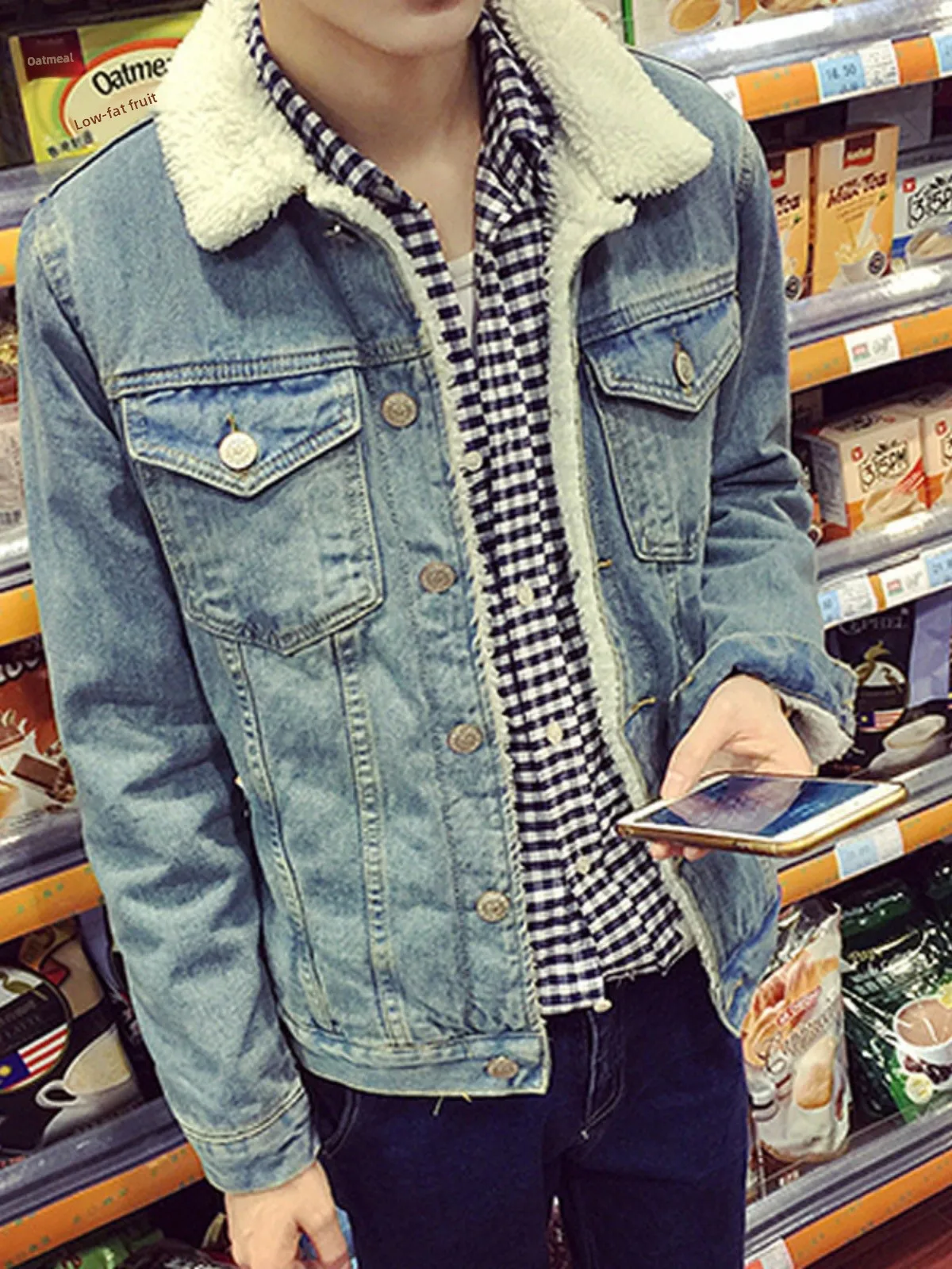 

Men's Winter Thiened Fce Lined Denim Jaet Retro Cotton Wool Collar Jaet Lamb Velvet Coat Button Decorated Casual Coat