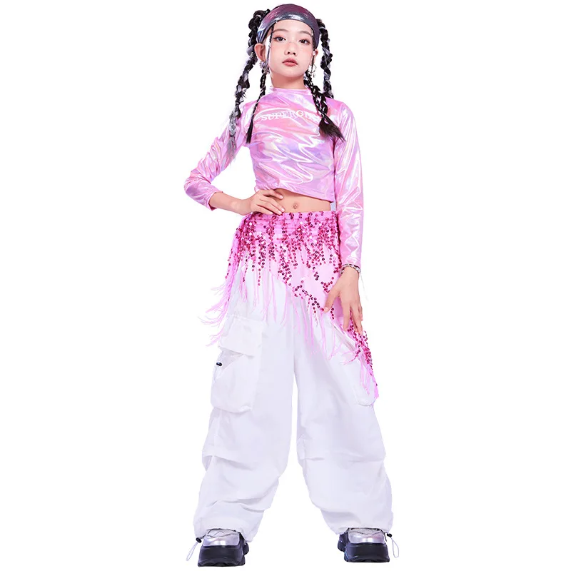 Kid Hip Hop Clothing Pink Laser Crop Top Long Sleeve T Shirt White Casual Ruched Cargo Pants for Girl Jazz Dance Costume Clothes