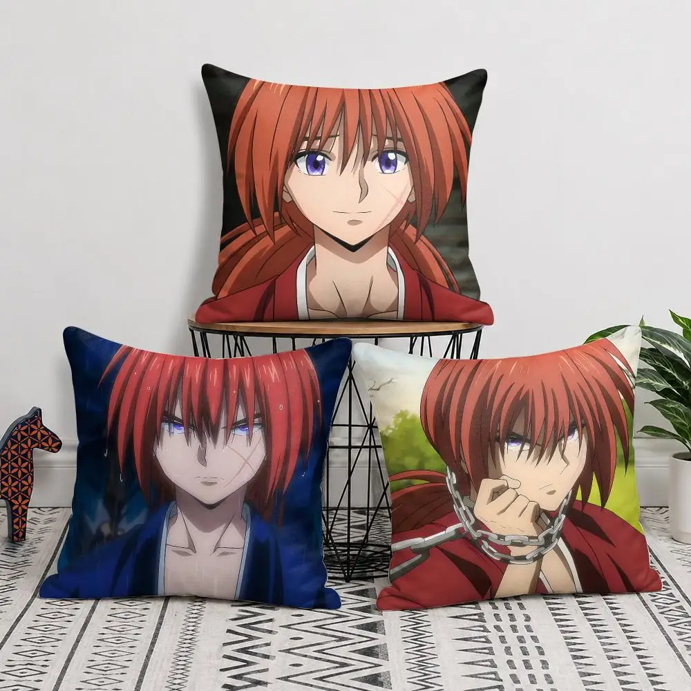 R-Rurouni Kenshin Anime Cushion Cover Silky Short Plush Invisible Zipper Dustproof Sofa Pillow Case For Home Decor