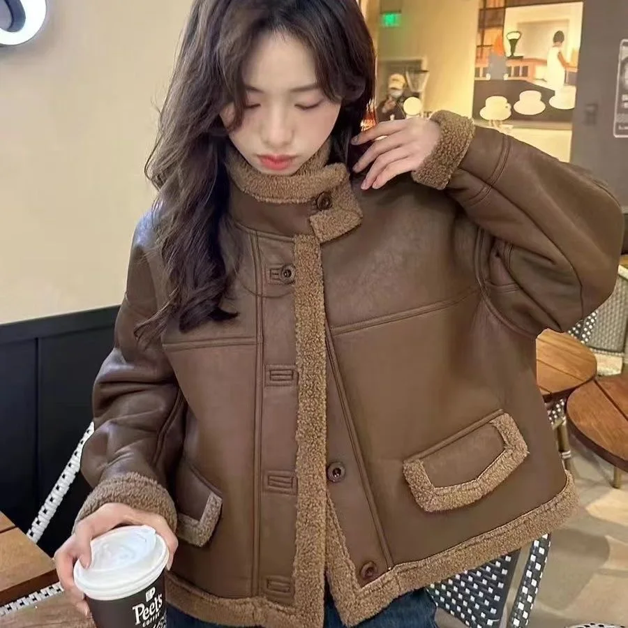 

Куртка из овечьей шерсти для девочек-подростков, дикая стеганая контрастная разноцветная прикрашенная асимметричная градиентная пара, романтическая теплая