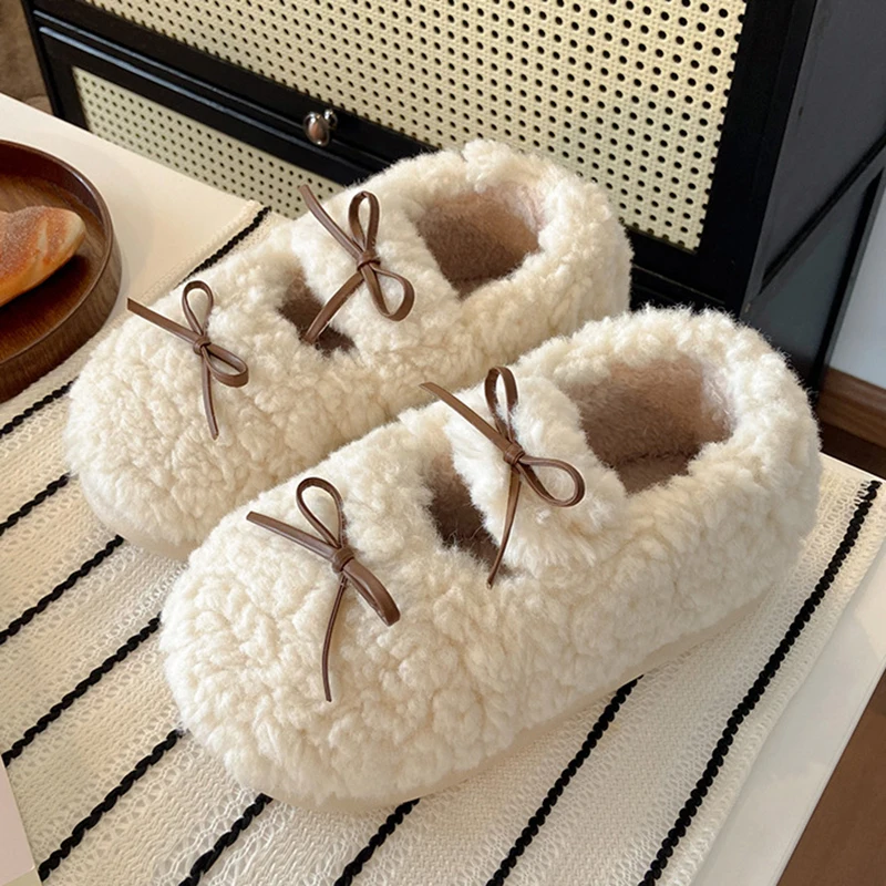 

Winter Woman's Comfort Cotton Slippers Indoor Bow Furry Warm Slippers Lady's Thick Sole Non-slip All-inclusive Heel Cotton Shoes