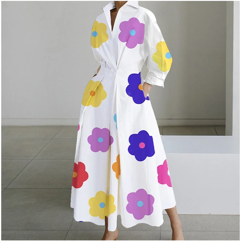 Elegant Long Dress Women Spring Autumn Sundress Fashion Lapel Neck Long Sleeve Solid Long Shirt Dress Vestidos Robe Femme