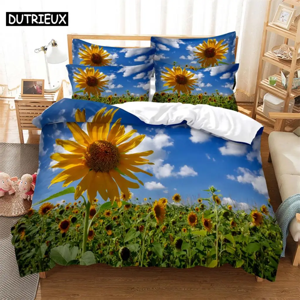 Sunflowers Bedding 3-piece Digital Printing Cartoon Plain Weave Craft For North America And Europe  Bedding Set Queen
