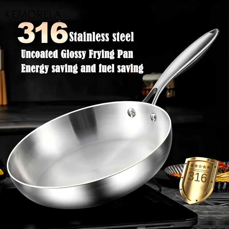 KEMORELA 316 Stainless Steel Frying Pan, Mirror Polished Design,Three-Layer Stainless Steel Multiple Sizes for Induction Cookers
