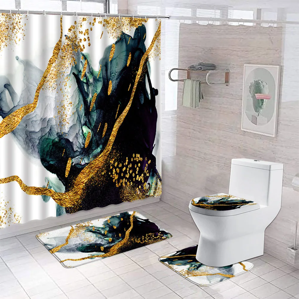 Black Marble Shower Curtain And Rug Shower Curtain Set Luxury Gold Textured Art Hanging Curtain Toilet Seat Cover Bathroom Decor