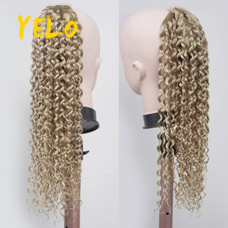 YELO Brazilian Water Wave Ponytail 100% Human Hair For Women Wrap Around Remy Hair Extensions Clip Ins Curly Hair Natural Color image 5