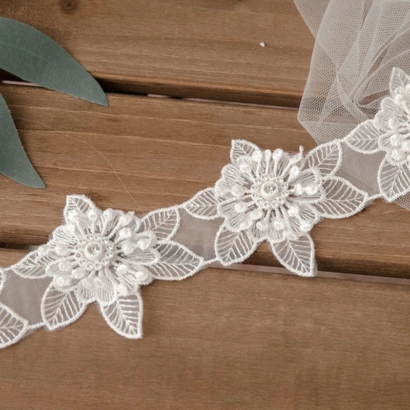 1 Yard Handmade Flower Embroidered White Lace Trim Ribbon Pearl Beaded Applique Wedding DIY Garment Sewing DropShipping