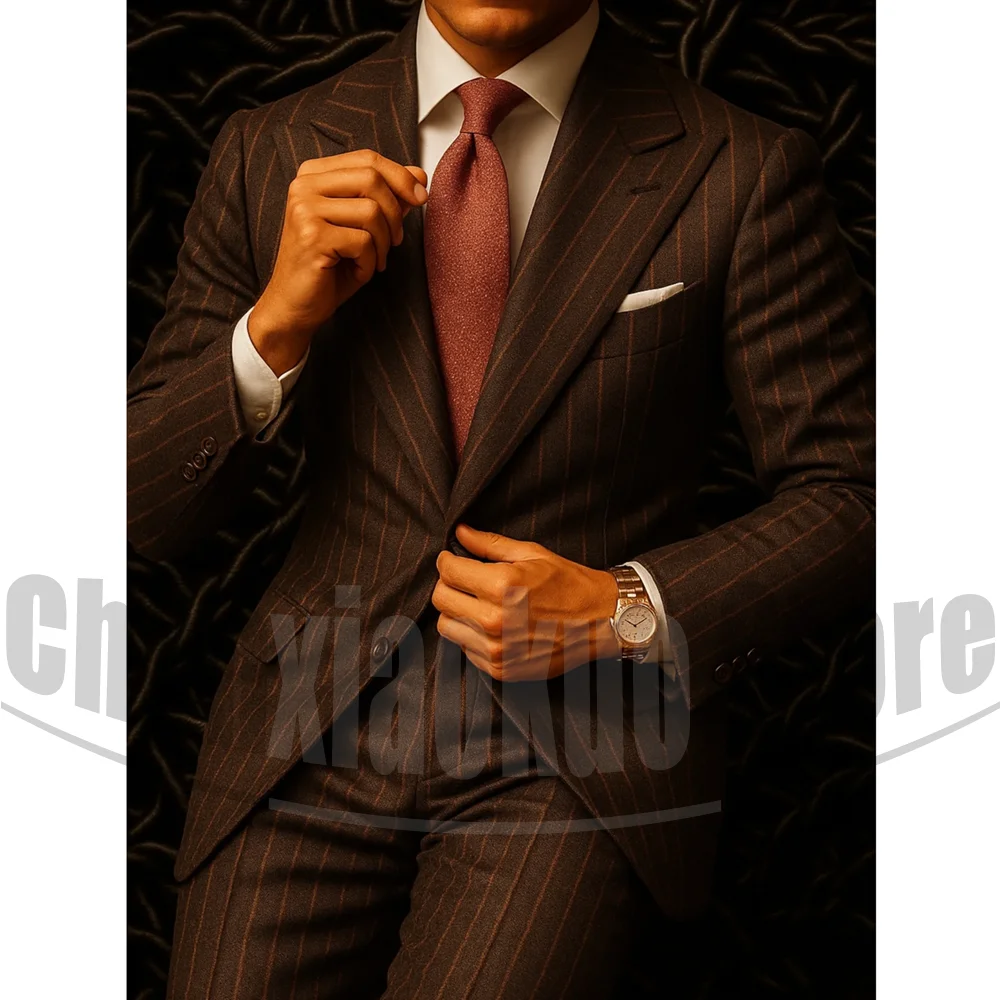 

Men's Woolen Striped Suit Set 2 Piece Fashion Peak Lapel Single Breasted Outfit Chic Business Casual Wedding Tailored Suits