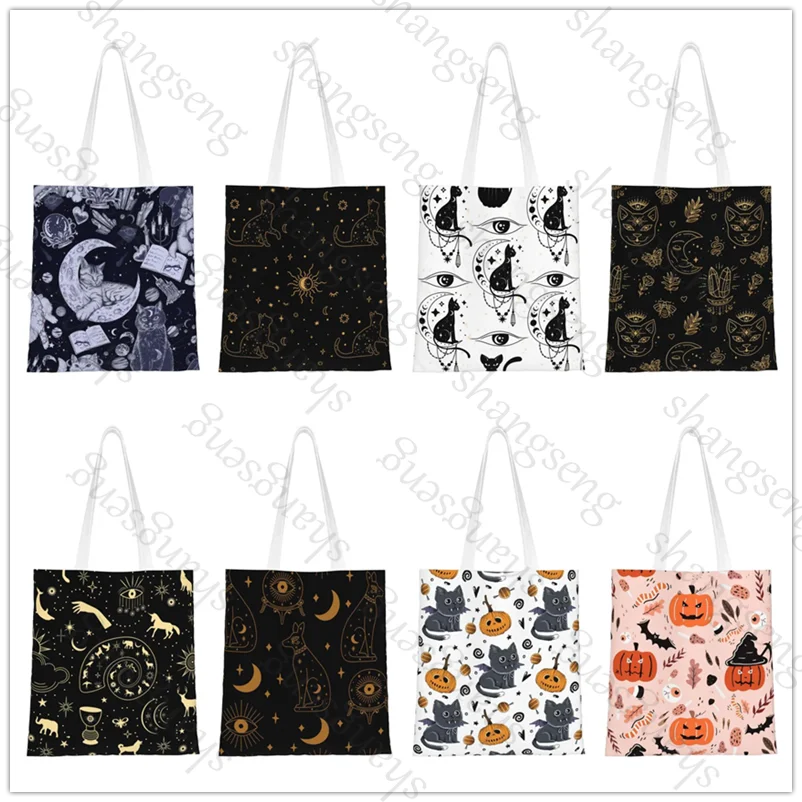 

Tote bag shoulder bag fashionable canvas handheld folding bags casual large capacity shopping bag Witch Cat and Moon