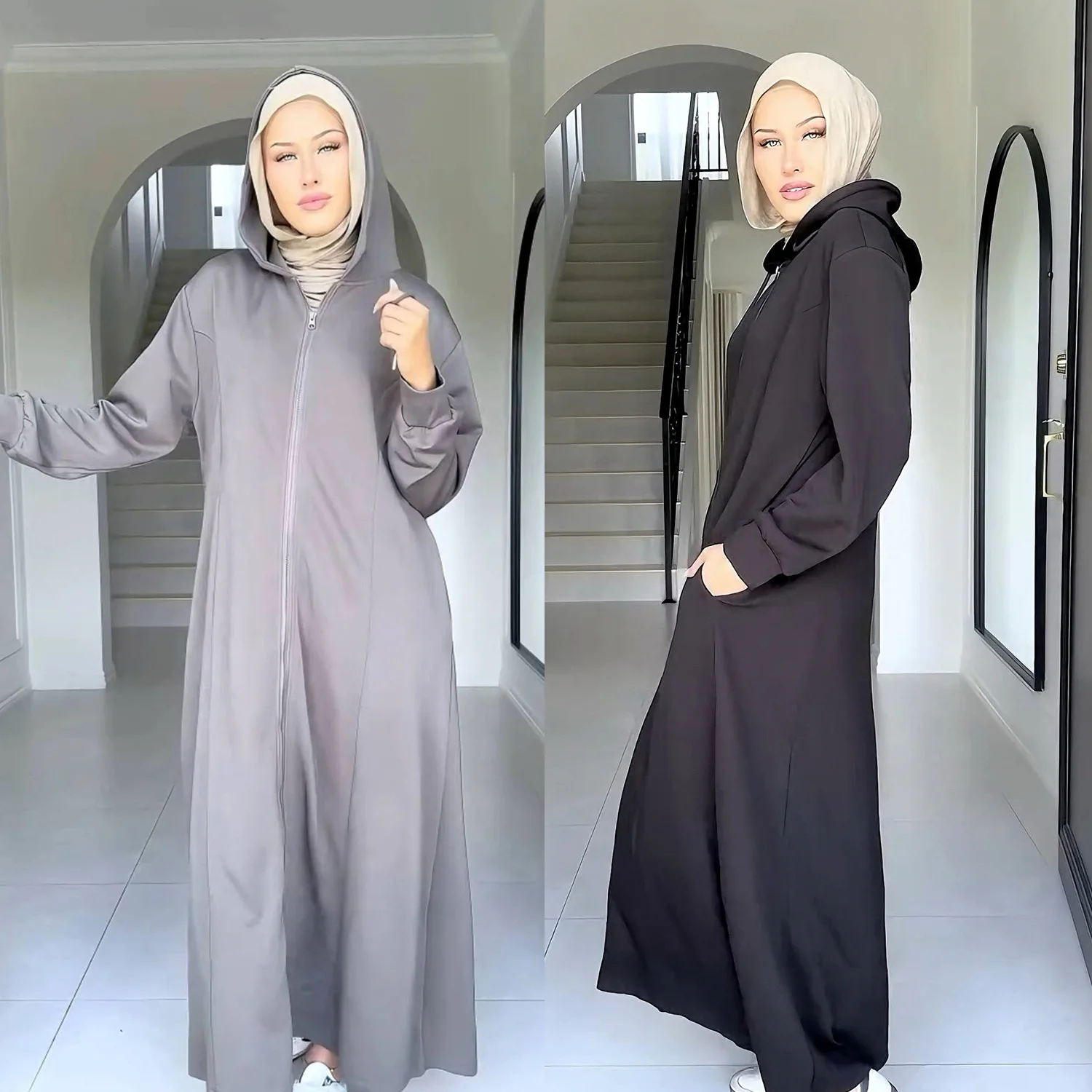 

Women's Solid Color Loose Long Sleeve Basic Daily Casual Zipper Hooded Cardigans Female Turkey Dubai New Clothes Coats Abaya