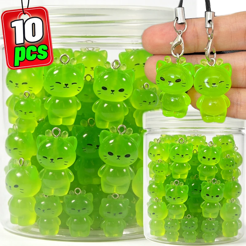 1/10Pcs Luminous Mini Alien Cat Glowing in Dark Creative Small Pendant Green Resin Mobile Phone Lanyard Backpack Keyring Gifts