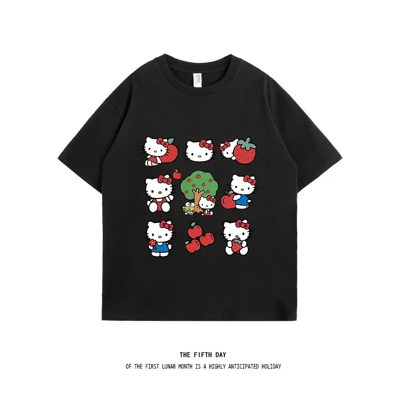 T-shirt in cotone con stampa divertente Hello Kitty Sanrio T-shirt estiva da donna con grafica cartoon girocollo taglie forti abiti casual larghi