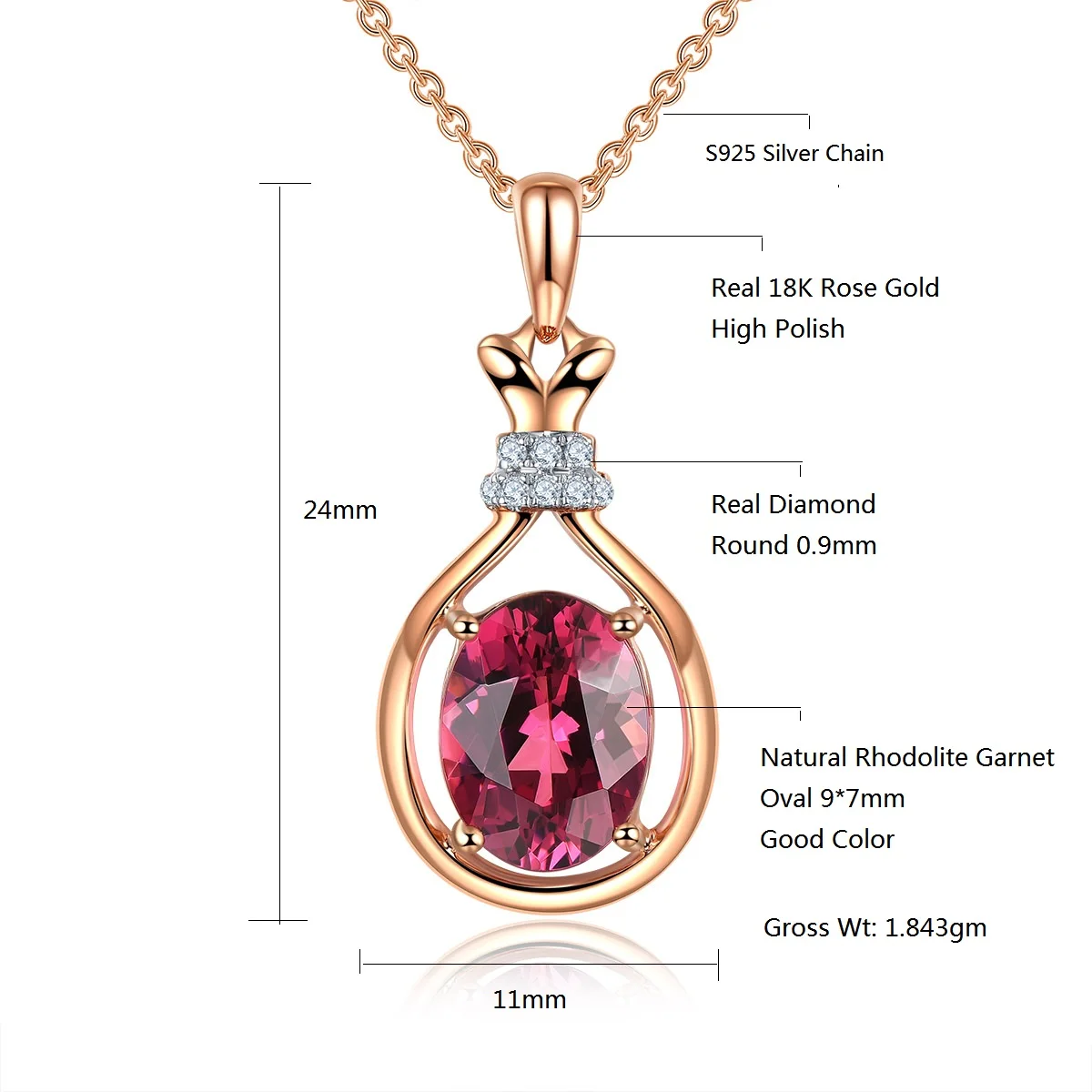 Lohaspie K-Gold Jewelry 18K Au750 Rose Gold Pendant for Women 2.24 Carats Natural Rhodolite Garnet Gemstone For Birthday Gift