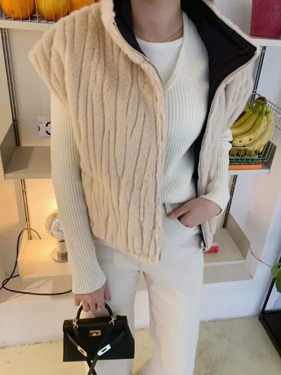 

Faionable Double-Sided Winter Vest Women's Svel Zipper -Mimiing Jaet Chic oulder Pad High-End Feeling Outerwear