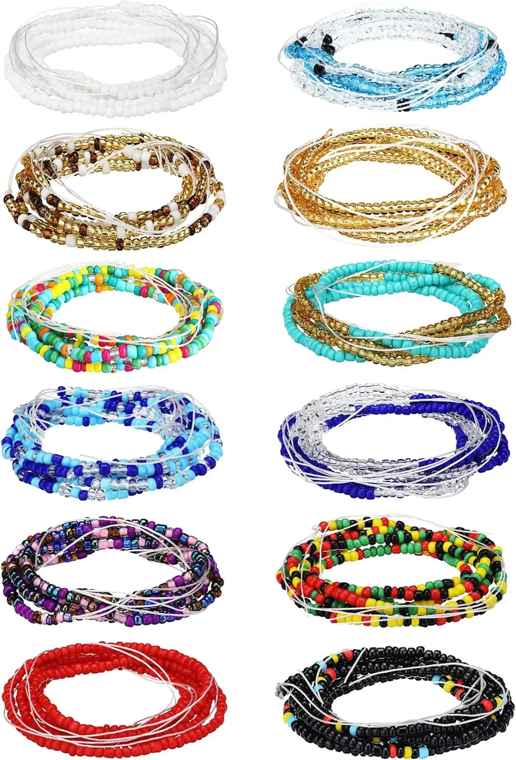 

12 Pieces African Waist Beads for Women 48 Inch Layered Belly Body Chain Body Jewelry Colorful Belly Beads Bohemia Body Jewelry