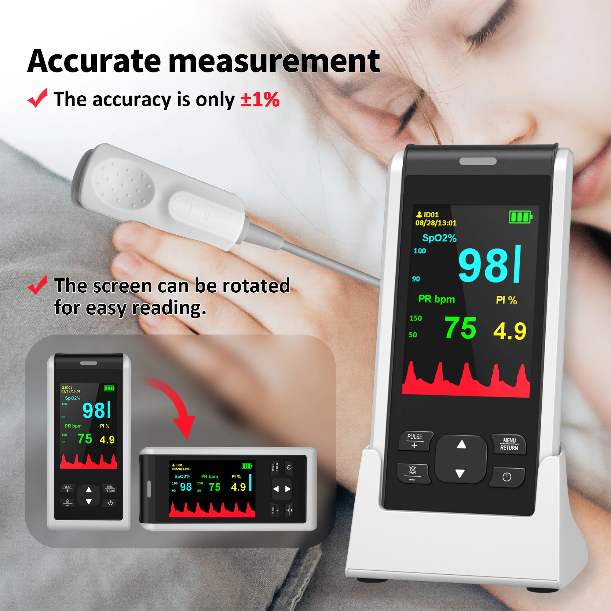 HealthTree Handheld Pulse Oximeter Medical Clinic Level APP Control Bluetooth Function Memory Night Alarm for Infant Baby Adult