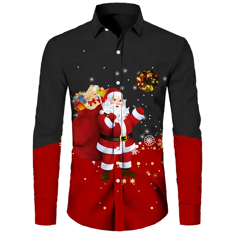 2023 Christmas Gift Cartoon Print New Long Sleeve Shirt Party Top New Year Christmas Holiday Shirt Lapel Button Up Shirt XS-6XL