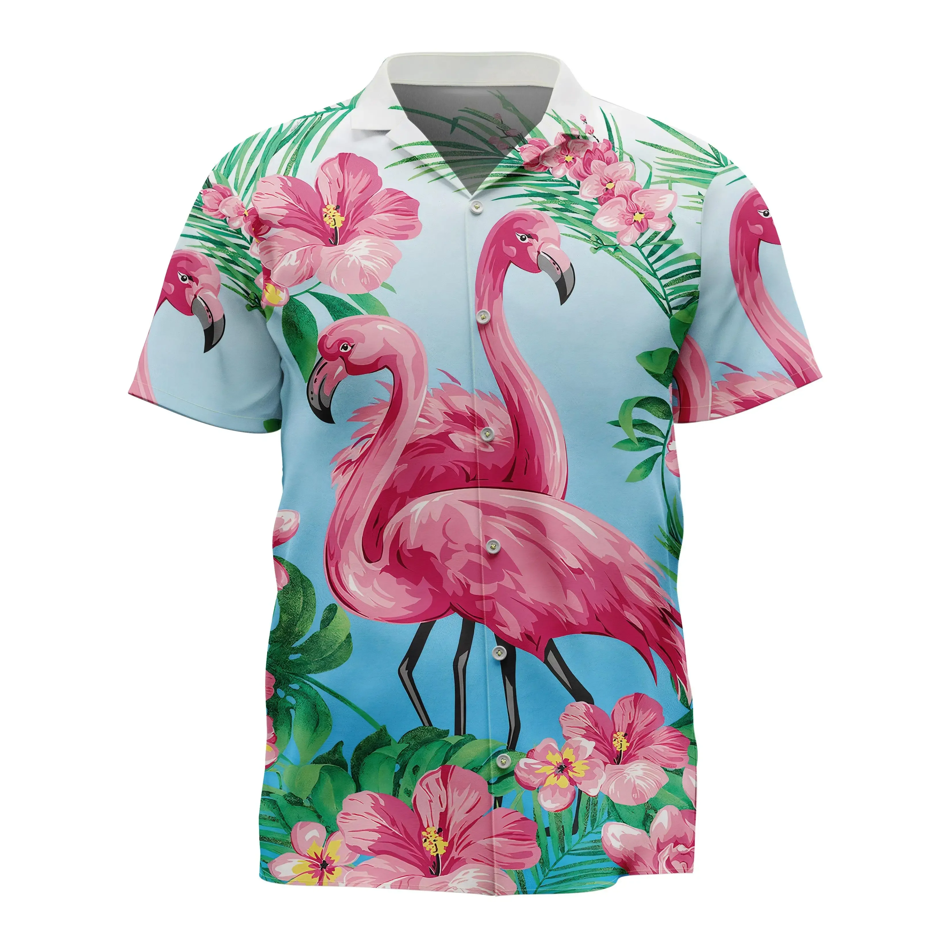 Camisa hawaiana de manga corta con estampado de flamenco Jumeast, gráficos de flores de hibisco, camisas Aloha, ropa informal holgada Tropical para hombre