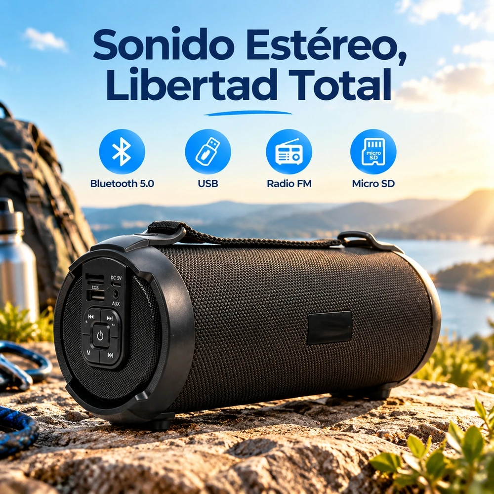 Altavoz Portátil Bluetooth 5.0, Parlante Inalámbrico con Radio FM, Reproducción USB y Tarjeta Micro SD, Entrada AUX, Batería Recargable 1500mAh, Correa para Transportar, Ideal para Exterior, Casa y Viaje