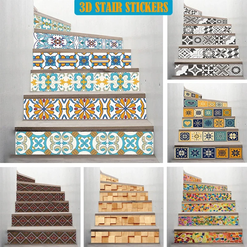 Geometric Tile Stair Stickers Self Adhesive Stairway Cover Mural Art Home Decor Staircase Steps Floor Sticker Decals Removable