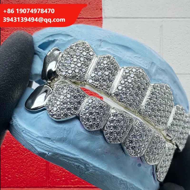 

Custom Teeth Grillz Iced Out VVS Moissanite Diamond Honeycomb Setting S925 Silver With Solid End Caps Jewelry