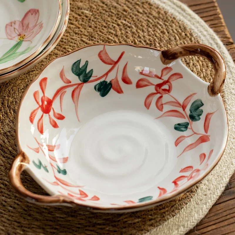 Japanese-Style Mino-yaki Hand-Painted Double-Handle Ceramic Plate, Underglaze Pasta Plate, Curry Rice Plate