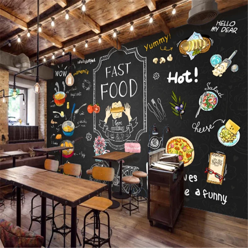 

Custom Chicken Pizza Restaurant black Background Wall Mural Wallpaper 3D Snack Bar Burgers Western Fast Food Wall Paper 3D