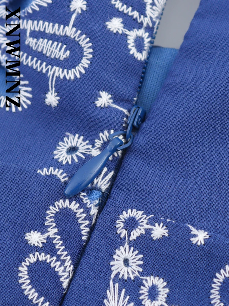 XNWMNZ 2025 verano mujer boho Sexy correa de hombro delgada vestidos midi vacaciones moda mujer ropa azul sin mangas vestido elegante