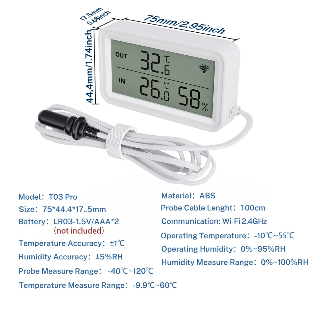 Tuya WiFi Temperature Humidity Sensor Digital LCD Screen Thermometer with External Probe Support Google Assistant Smart Life
