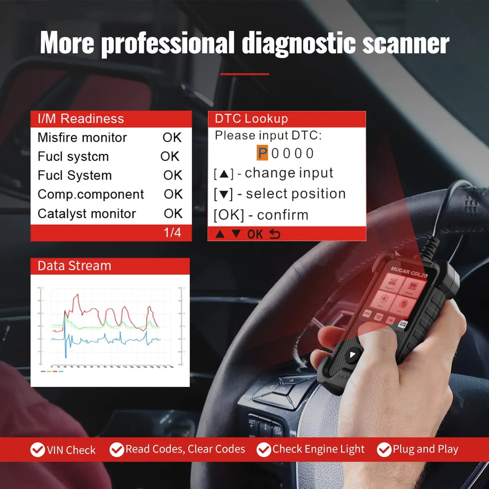 MUCAR CDL20 OBD2 Scanner Car Diagnostic Tool Check Engine Code Reader OBDII/EOBD Car Diagnostic Scan Tools for All Vehicles