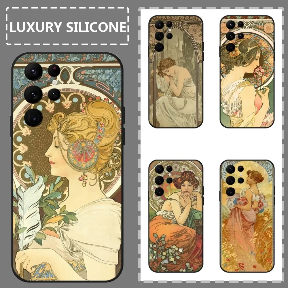 Alphonse Mucha Art Phone Case For Samsung Galaxy S24 Ultra S22 S23 Ultra S21 S20 5G Protective Silicone TPU Funda