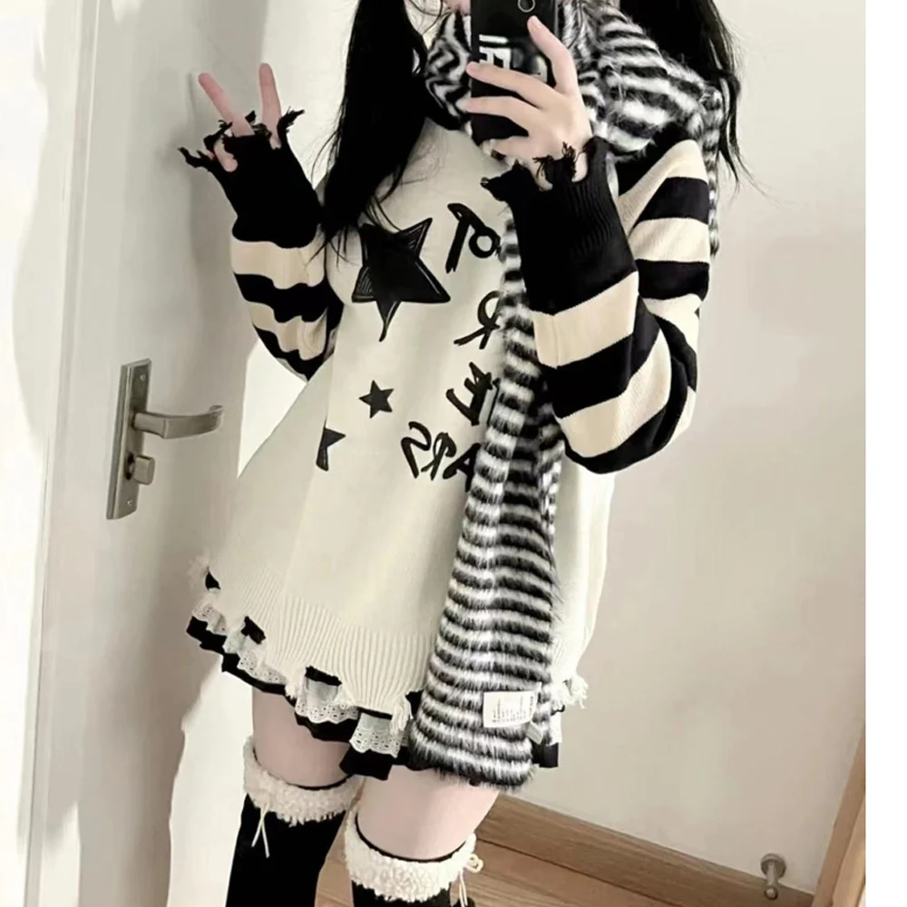 Striped Harajuku Loose Women Sweaters Ripped Grunge Y2k Aesthetic Star Letter Print Sueter Mujer Goth All Match Casual Pullovers