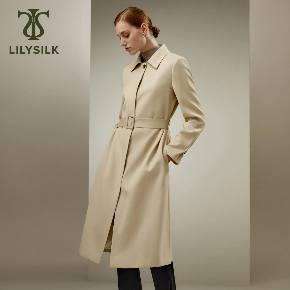 LILYSILK Womens Water Repellent Classic Trenchcoat Straight Cut Silk Wool Blend Coat