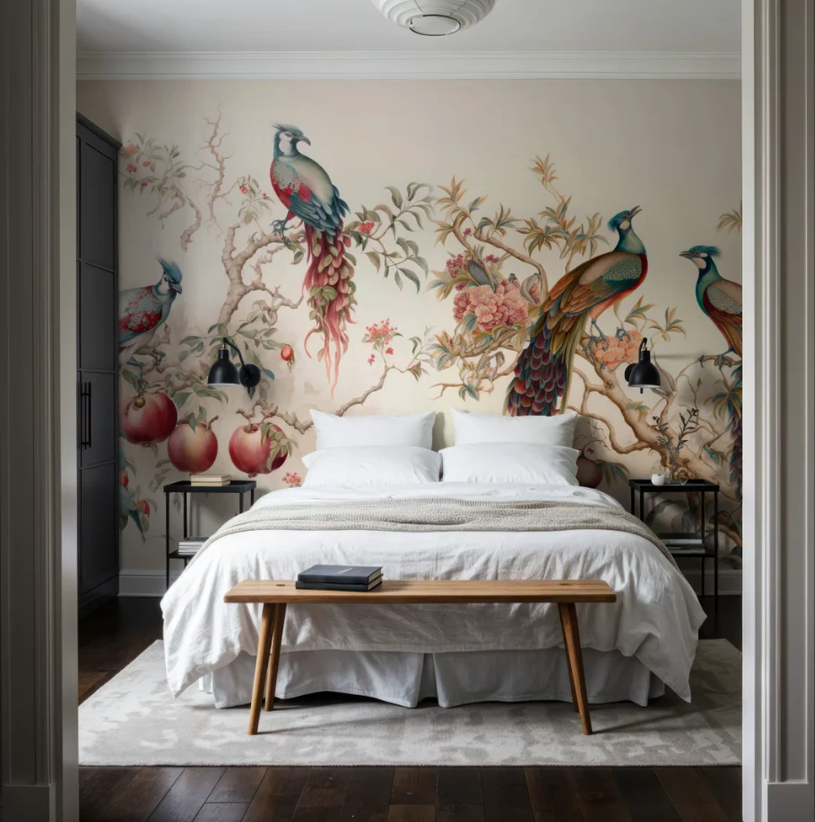 Customized size mural peacock parrot flower bird wallpaper pomegranate tree fruit decoration painting living room bedroom mural