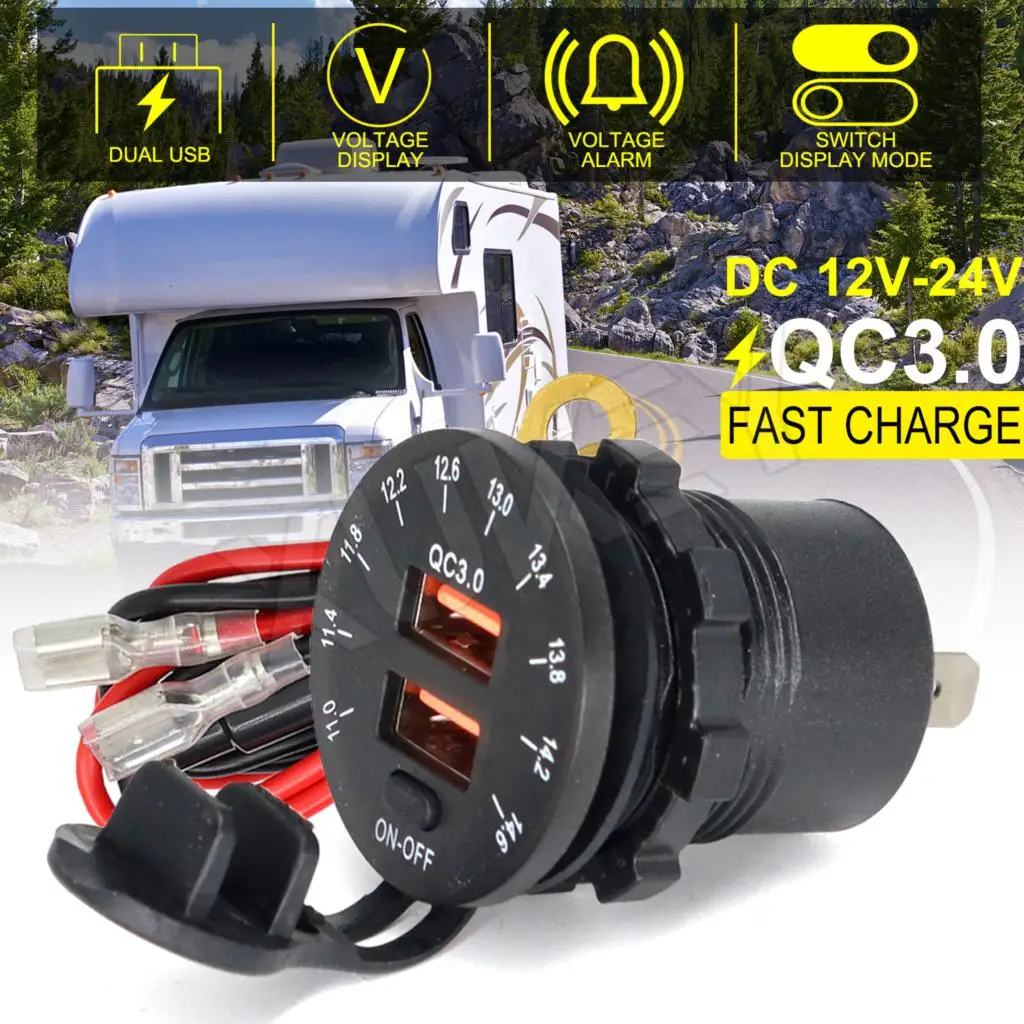 

12V 24V QC3.0 Wire Car Socket Dual USB Charger LED Waterproof with Voltmeter Switch Quick Adapter for Motorcycle Auto DIY Boat