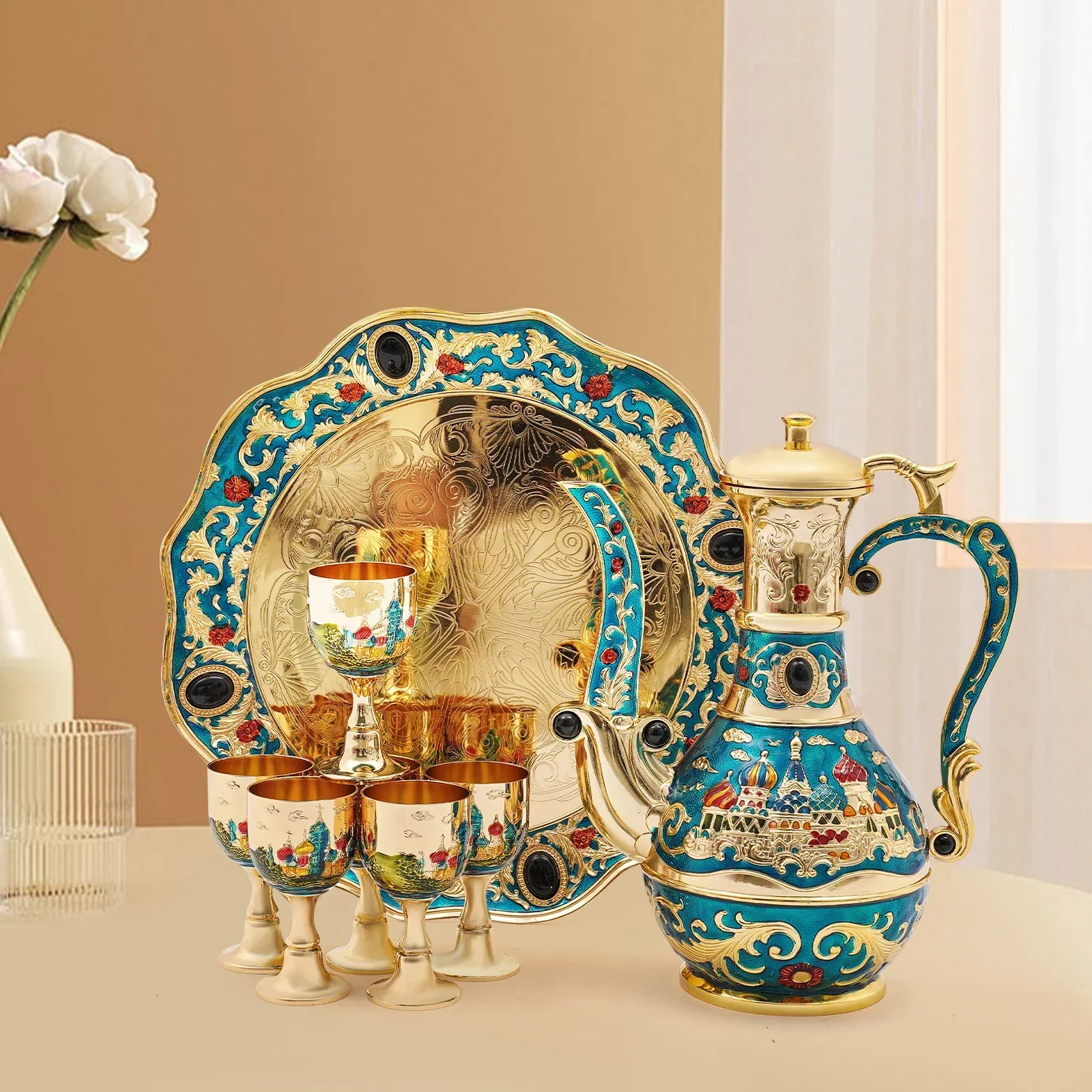 طقم إبريق قهوة تركي عتيق 6 أكواب من سبائك الزنك الذهب والفضة والشاي الأزرق صينية خدمة سعة 800 مل للديكور المنزلي